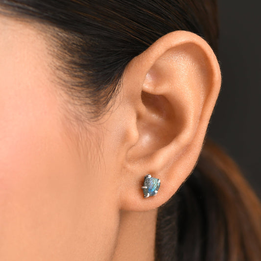 Raw Crystal Earrings - Celestial Labradorite - silver worn