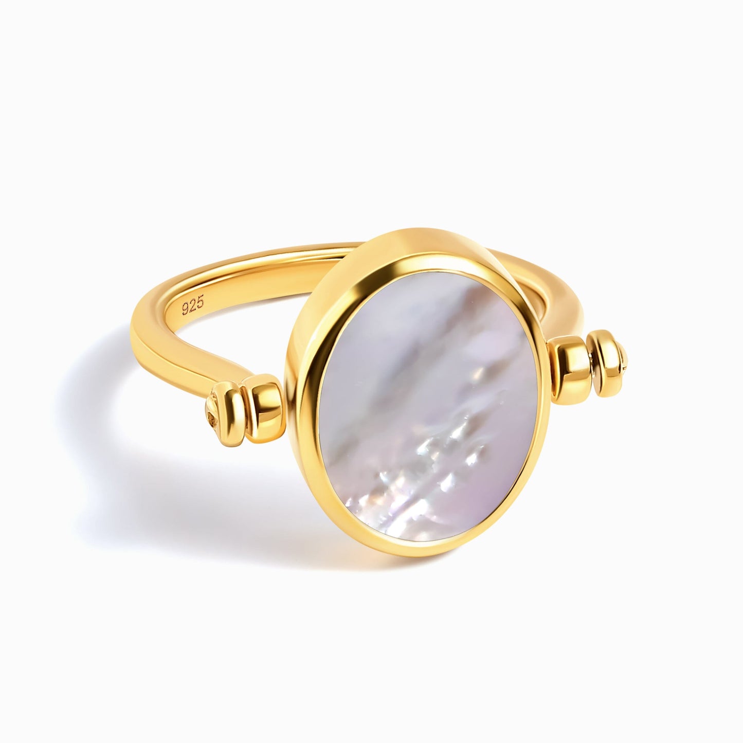 Black Onyx Mother of Pearl Fidget Ring - yellow gold pearl side