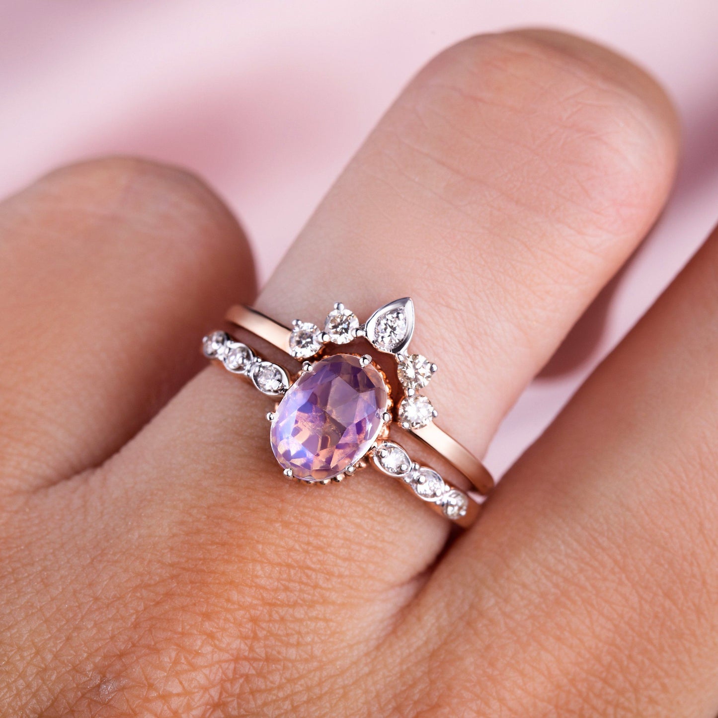 Mirth Ring and Vow Band close up