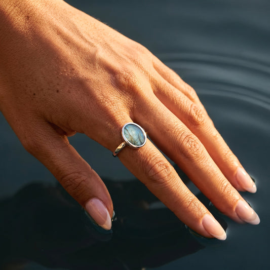 Labradorite Ring - Enfolded - silver worn