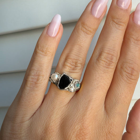 Black Obsidian Pearl Ring - Heirloom - worn silver