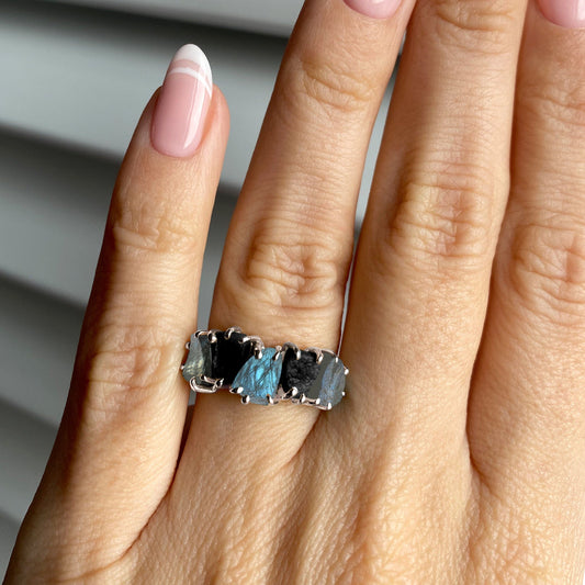 Raw Crystal Ring - Luminous Labradorite - worn white rhodium