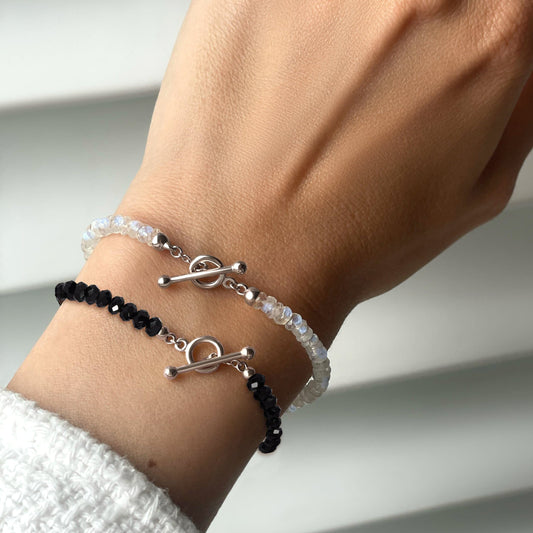 Moonstone Black Obsidian Vibrations Bracelets - sterling silver on wrist