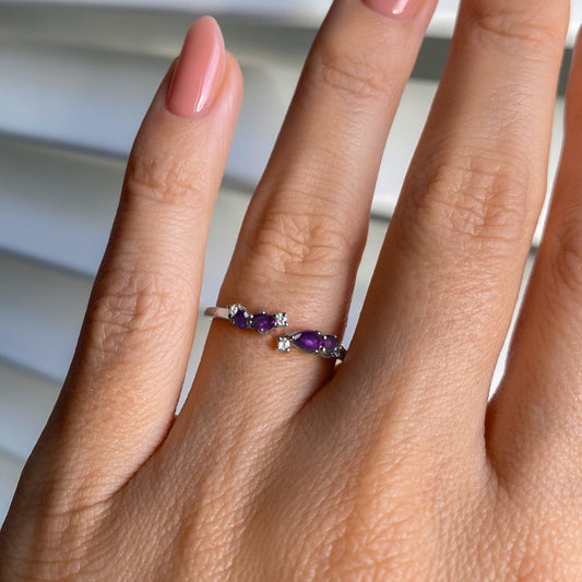 Adjustable Amethyst Ring Flourish - silver on hand