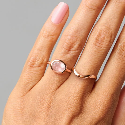 Rose Quartz Skin Touch Ring & Waves Band - rose gold on hand