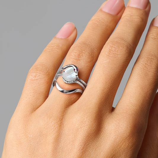 Mother of Pearl Ruby Serpent Waves Rings - silver model