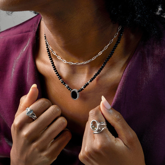 Black Onyx & Black Obsidian Divina Necklace - lifestyle silver