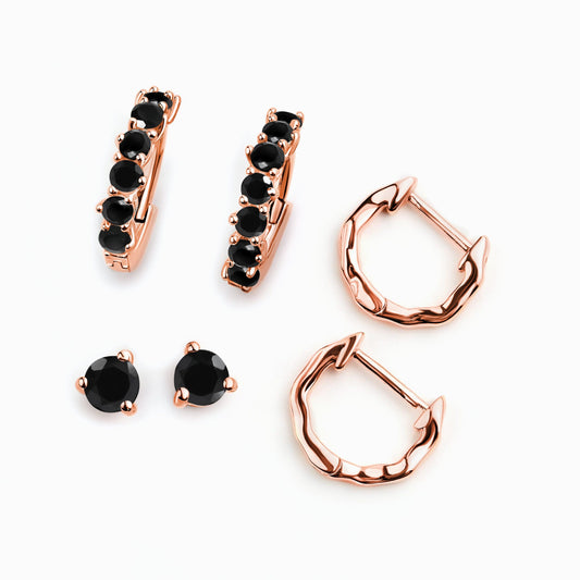 Black Onyx Black Obsidian Hoop Earring Set - Classic Trio - rose gold