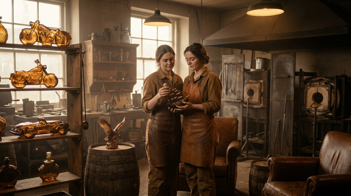 Two sisters in their father's glass workshop holding a hand-blown whisky decanter