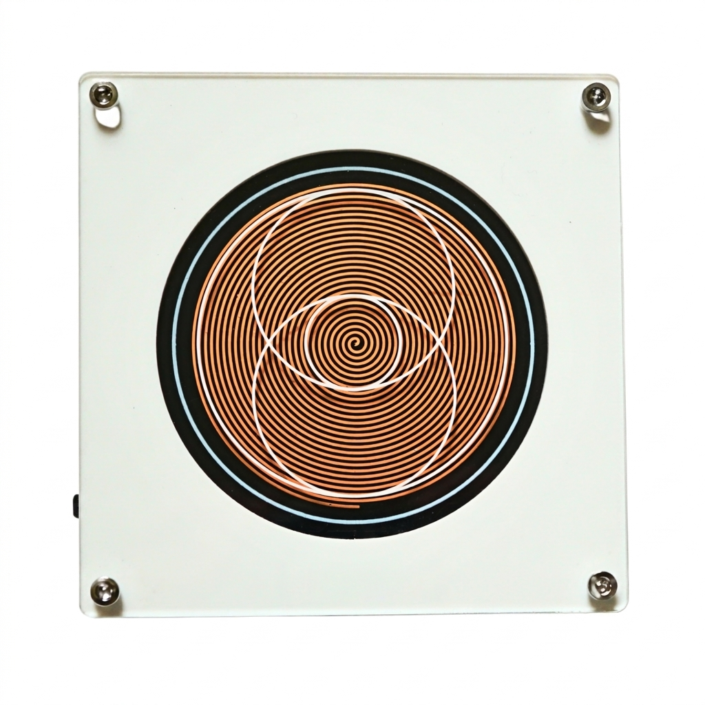 1111Hz Frequency Generator, white plate with copper spiral coil