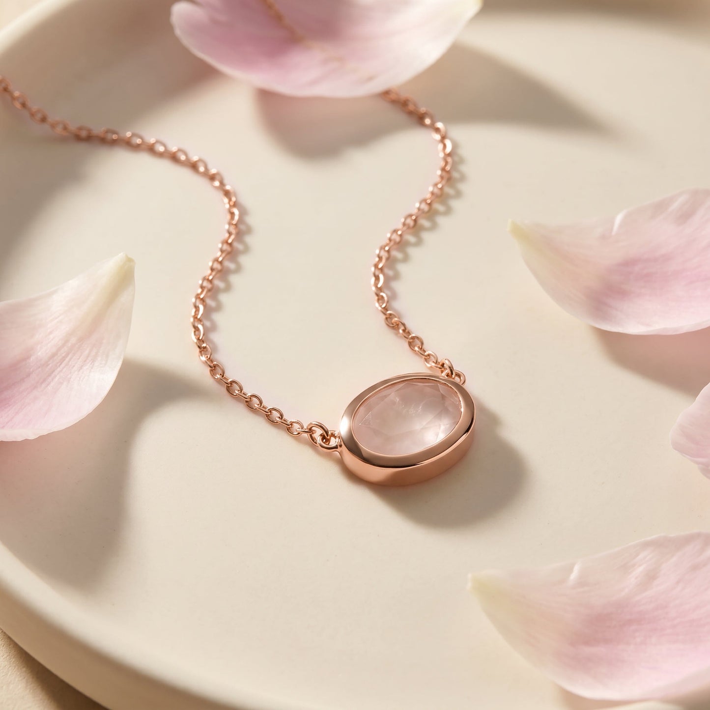 Rose Quartz Necklace - Skin-Touch, rose gold flatlay