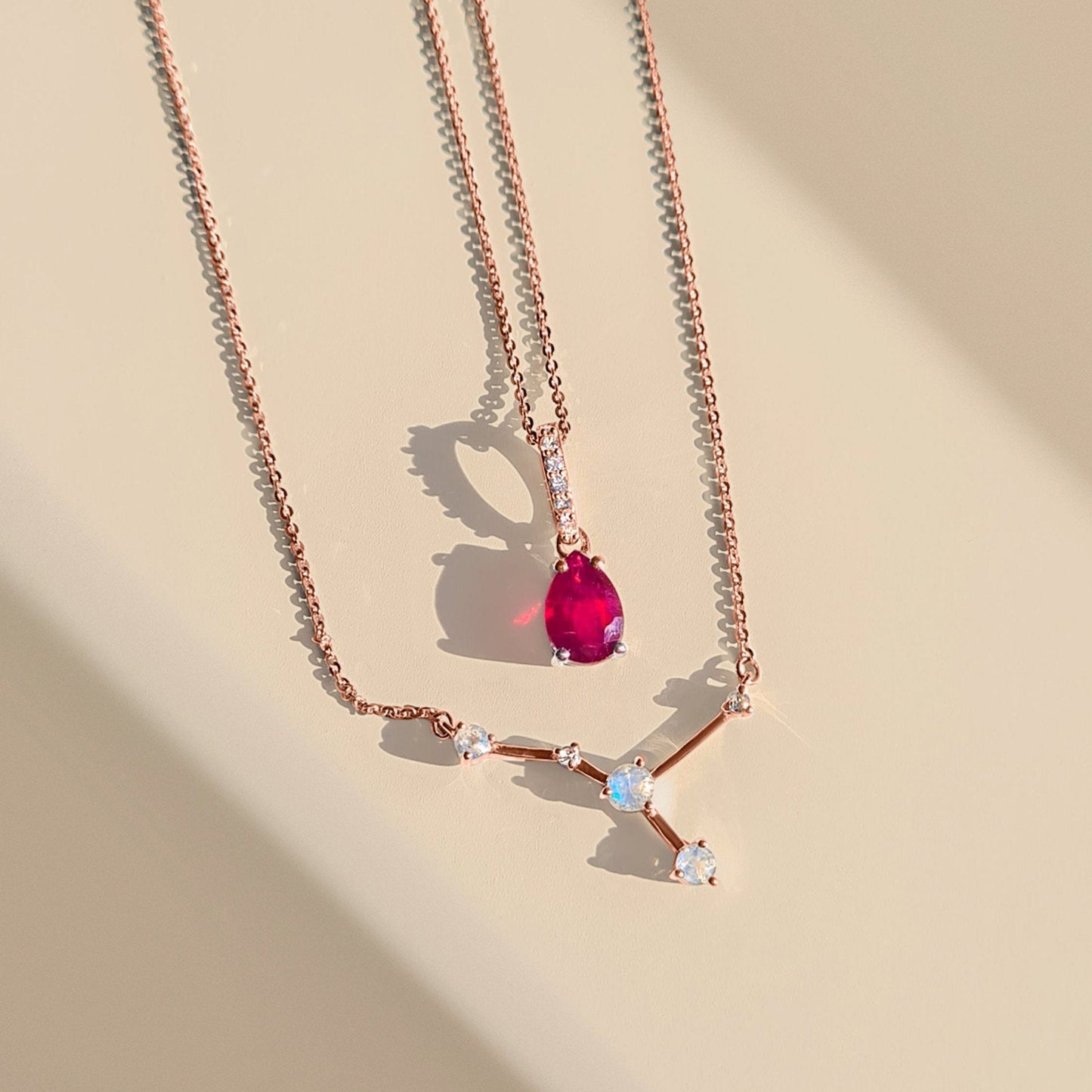 Cancer Zodiac & July Birthstone Necklaces - rose gold detail