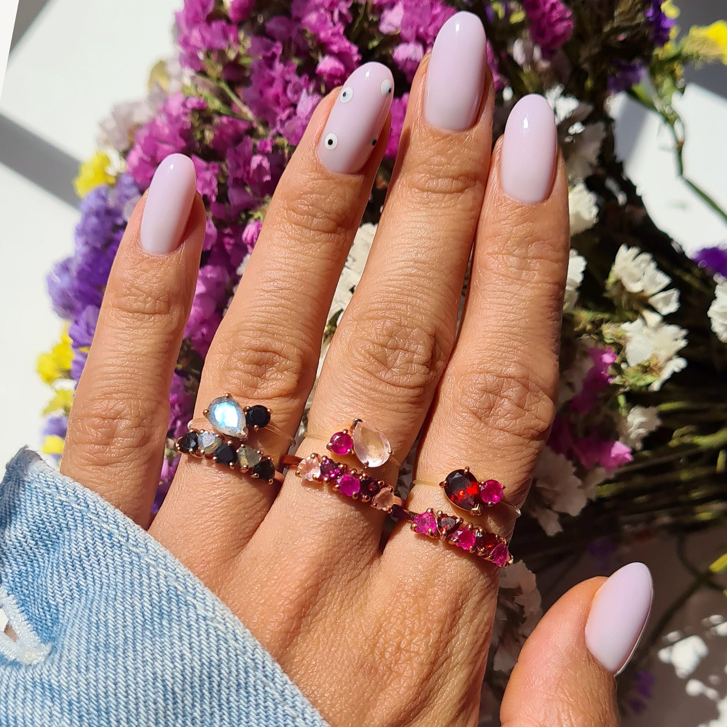 Black Obsidian Labradorite Ring - Crush - worn rose gold lifestyle 2
