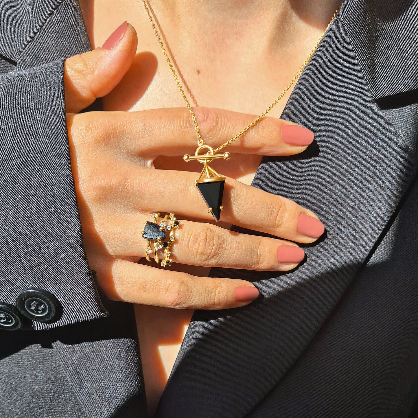 Black Obsidian Necklace - Heroine - yellow gold worn 2
