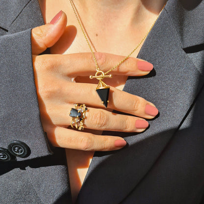 Black Obsidian Necklace - Heroine - yellow gold worn 2