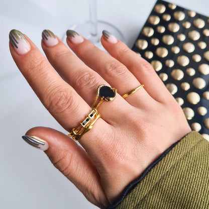 Black Onyx Ring Serpent yellow gold on hand