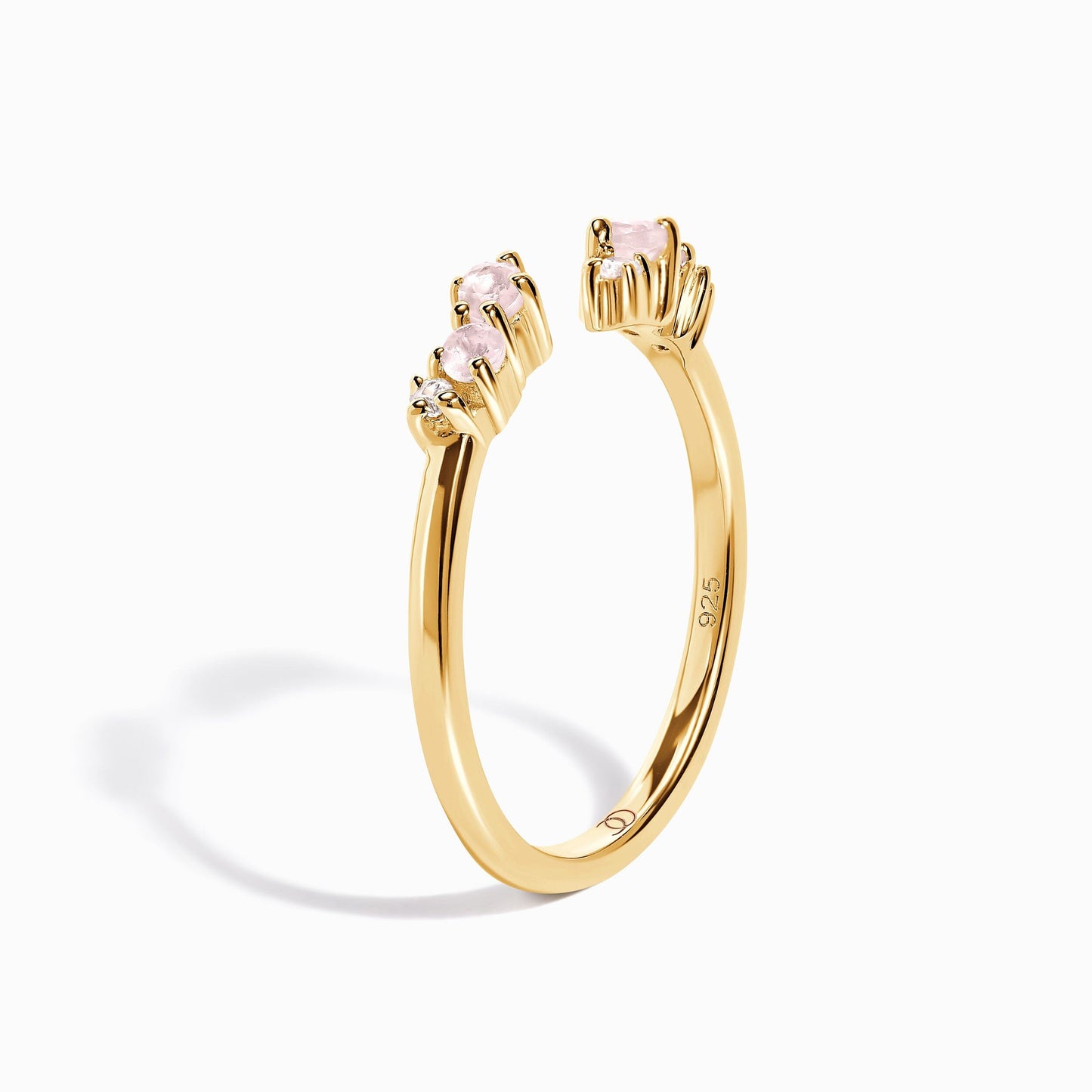 Adjustable Rose Quartz Ring - Flourish, yellow gold detail