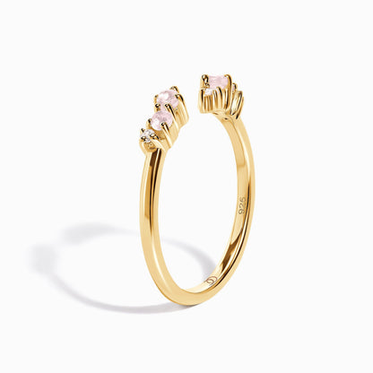 Adjustable Rose Quartz Ring - Flourish, yellow gold detail