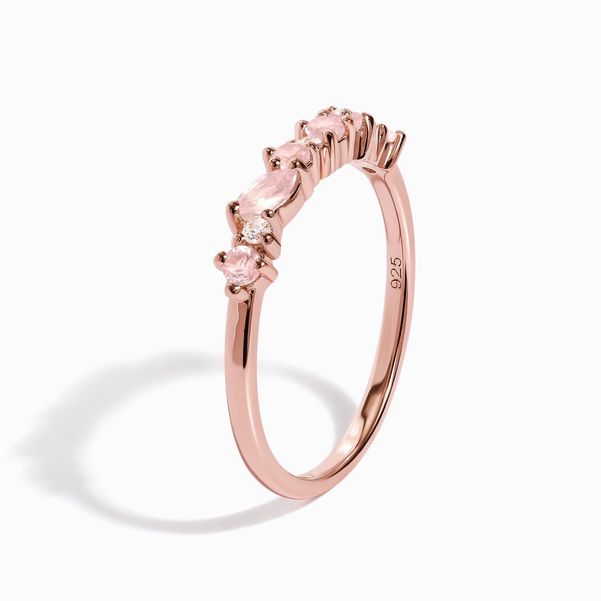 Rose Quartz White Zircon Ring - Grace, rose gold angle