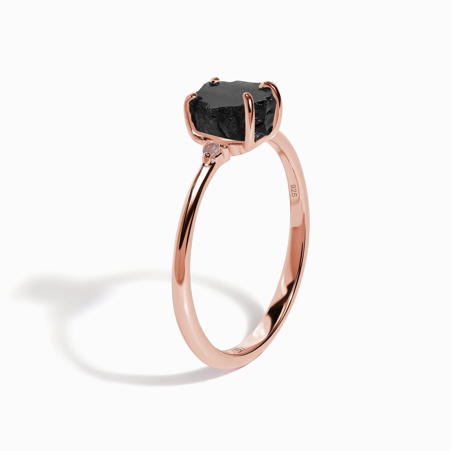 Black Obsidian Labradorite Ring - Petite Allure - rose gold on hand angle