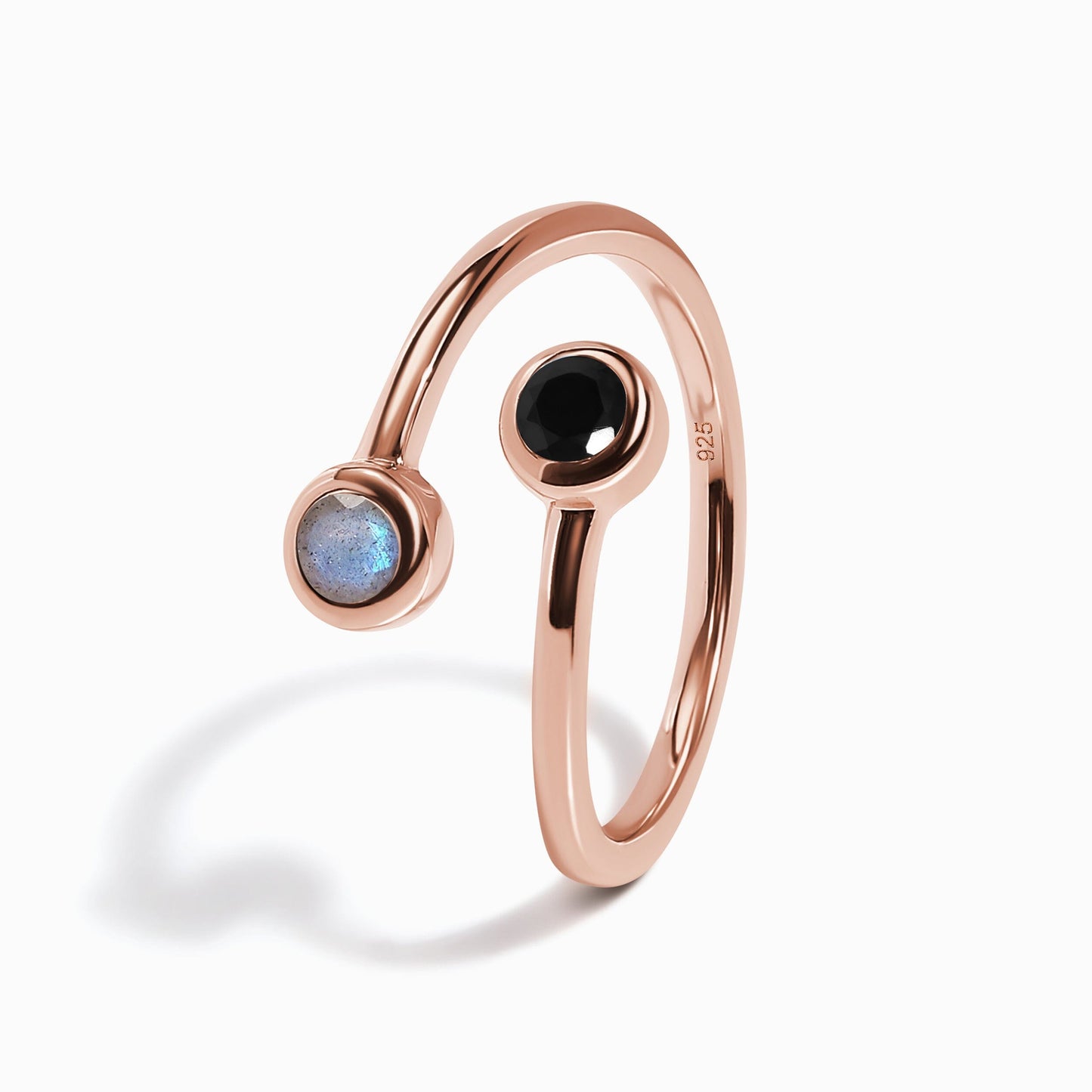 Adjustable Black Obsidian Labradorite Ring - Evolve - rose gold worn