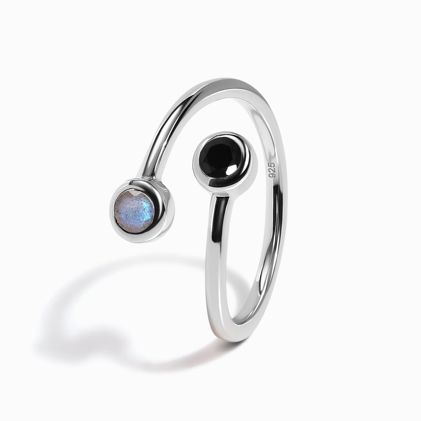 Adjustable Black Obsidian Labradorite Ring - Evolve - sterling silver worn