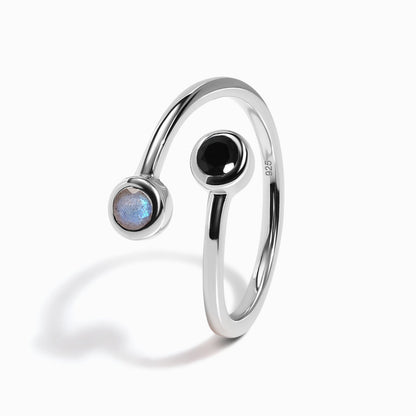Adjustable Black Obsidian Labradorite Ring - Evolve - sterling silver worn