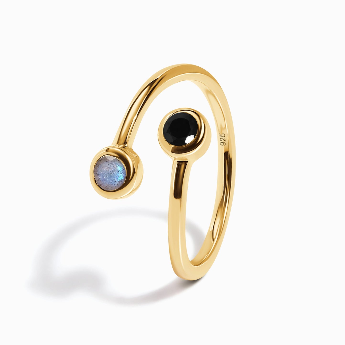 Adjustable Black Obsidian Labradorite Ring - Evolve - yellow gold worn