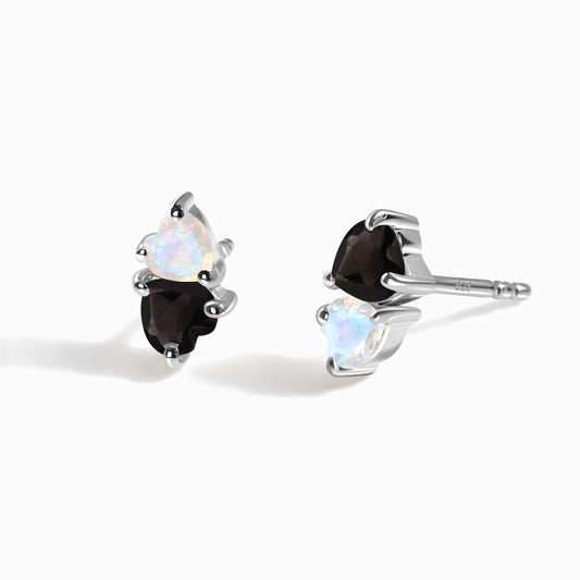 Moonstone & Black Obsidian Earrings - Floating Hearts - SIL