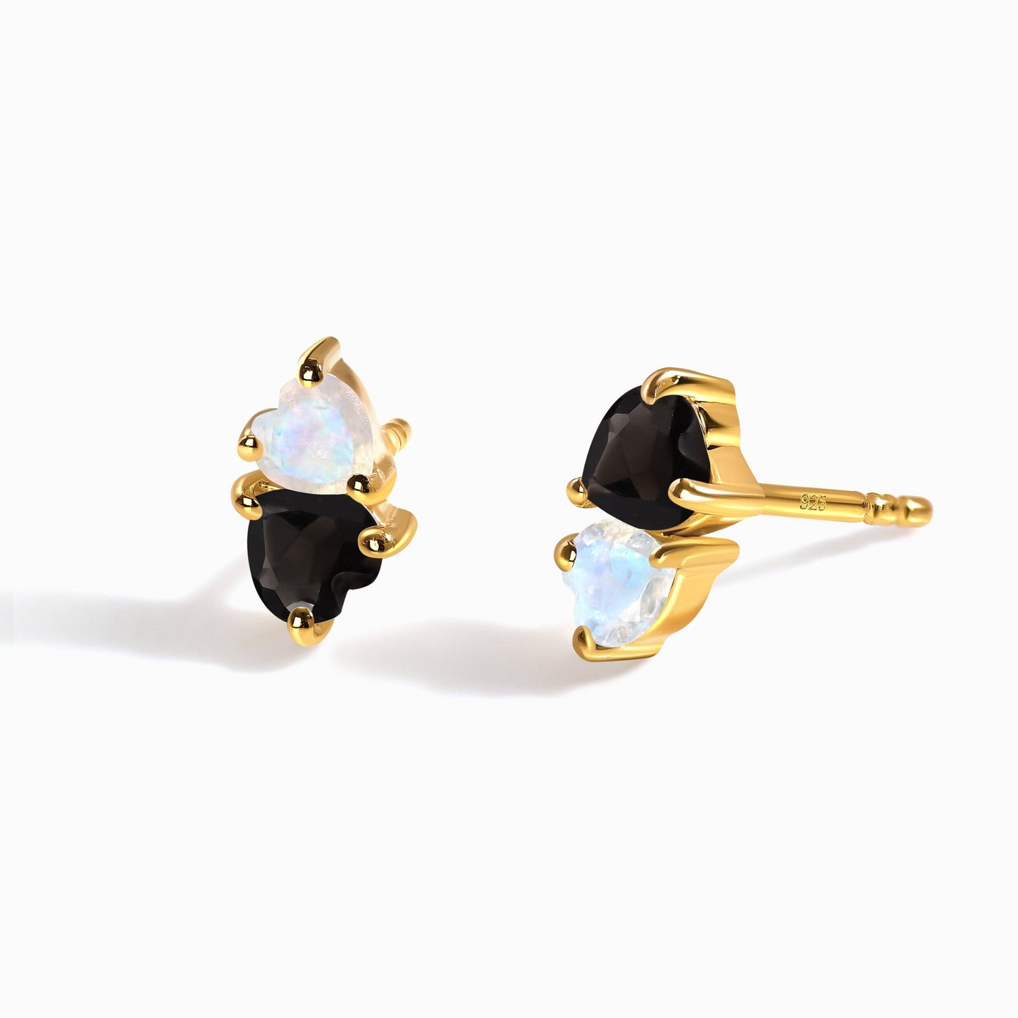Moonstone & Black Obsidian Earrings - Floating Hearts - YG
