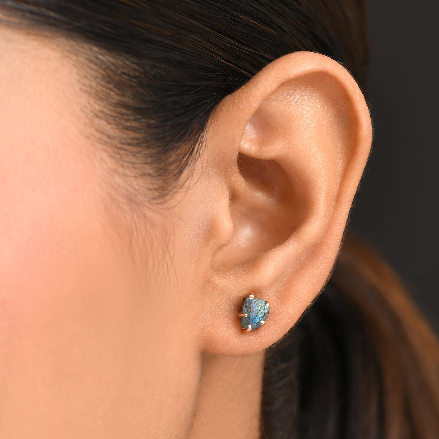 Raw Crystal Earrings - Celestial Labradorite - rose gold worn