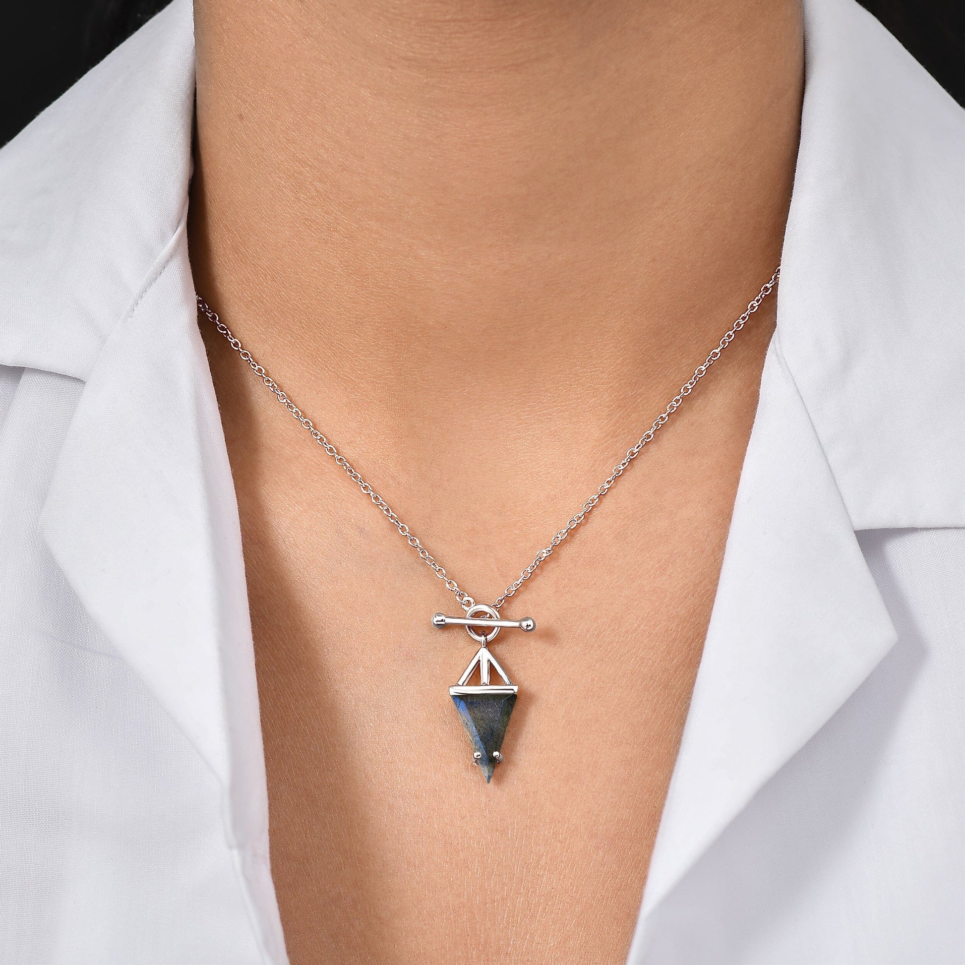 Labradorite Necklace Heroine silver worn 2