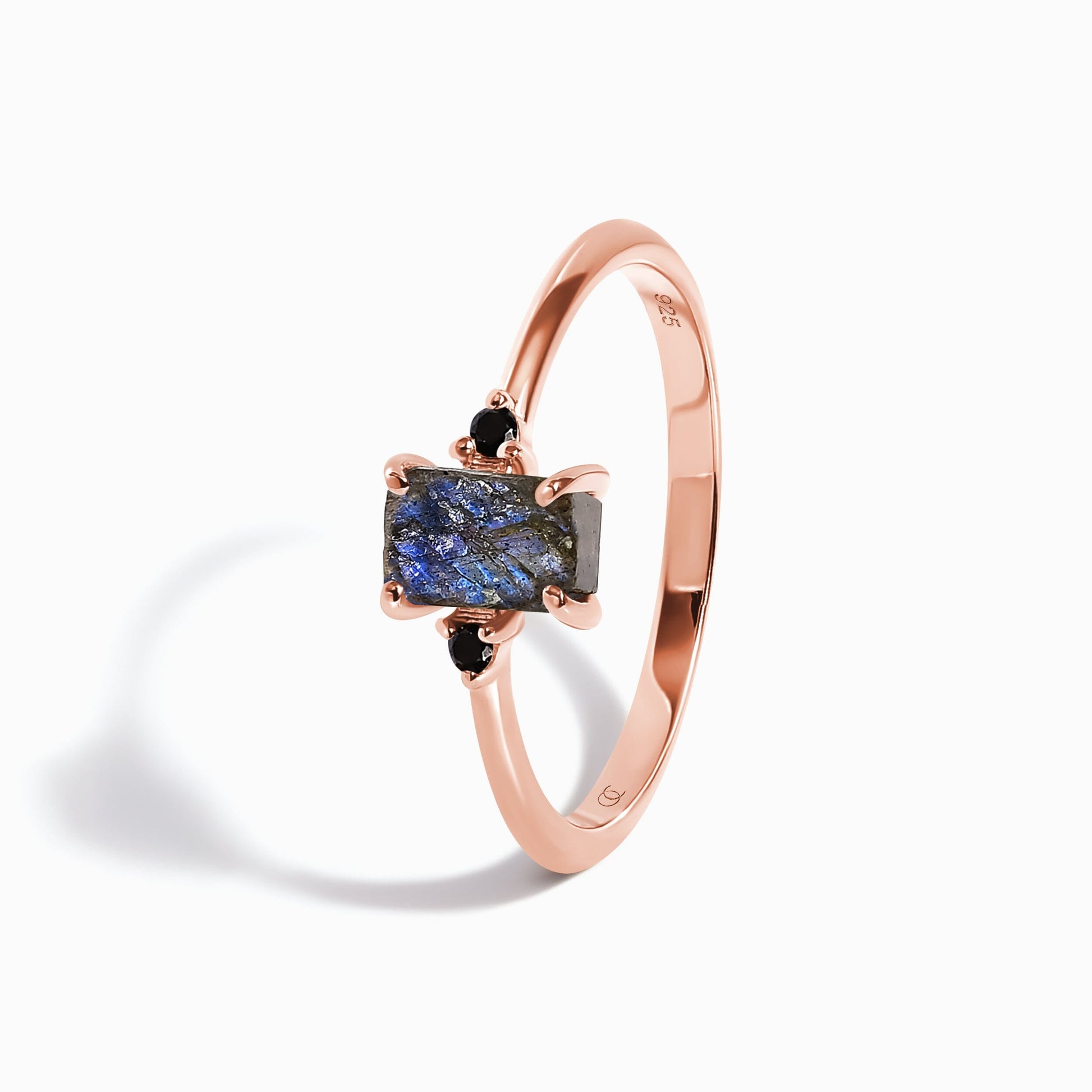 Labradorite Black Onyx Ring - Petite Allure - rose gold angle