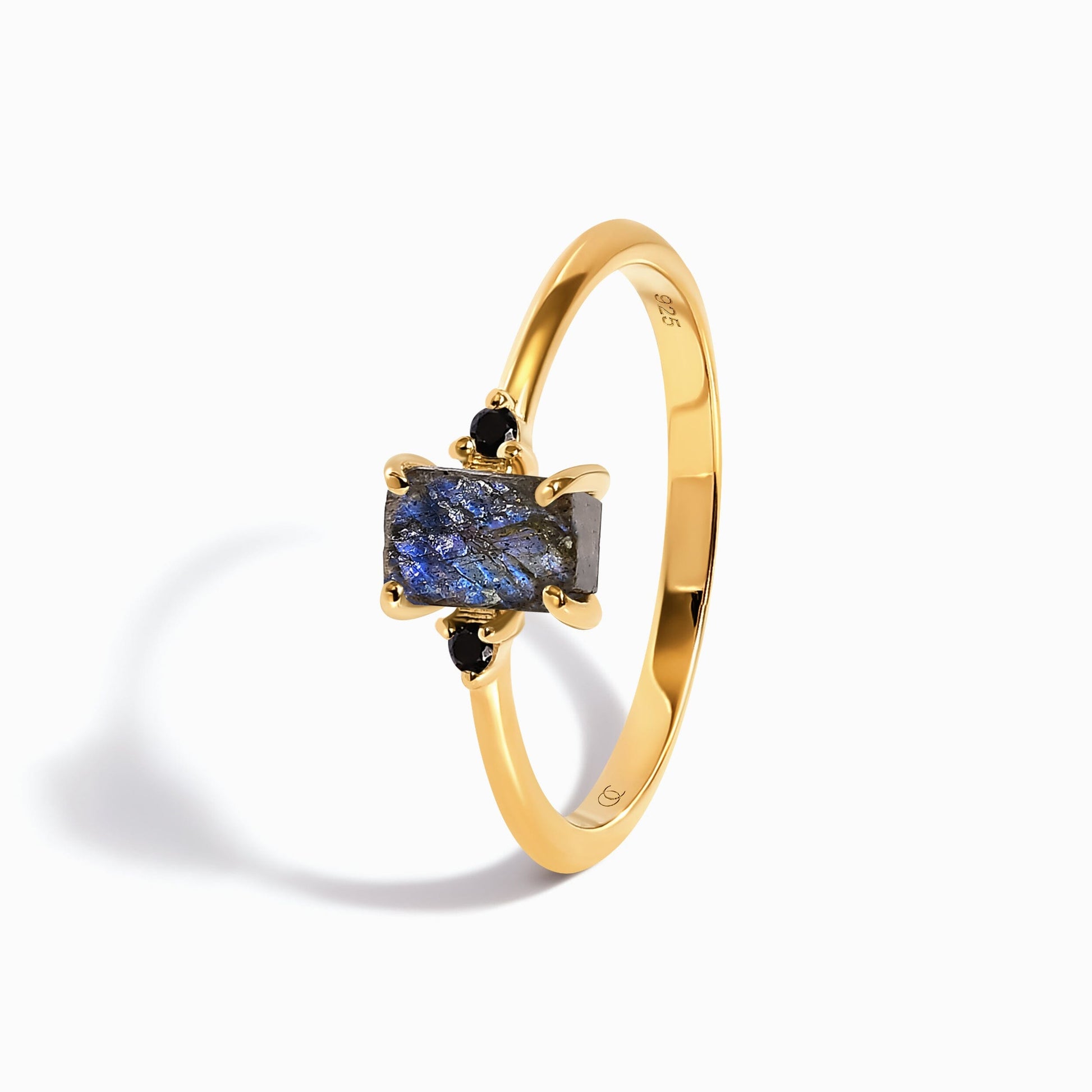 Labradorite Black Onyx Ring - Petite Allure - yellow gold angle