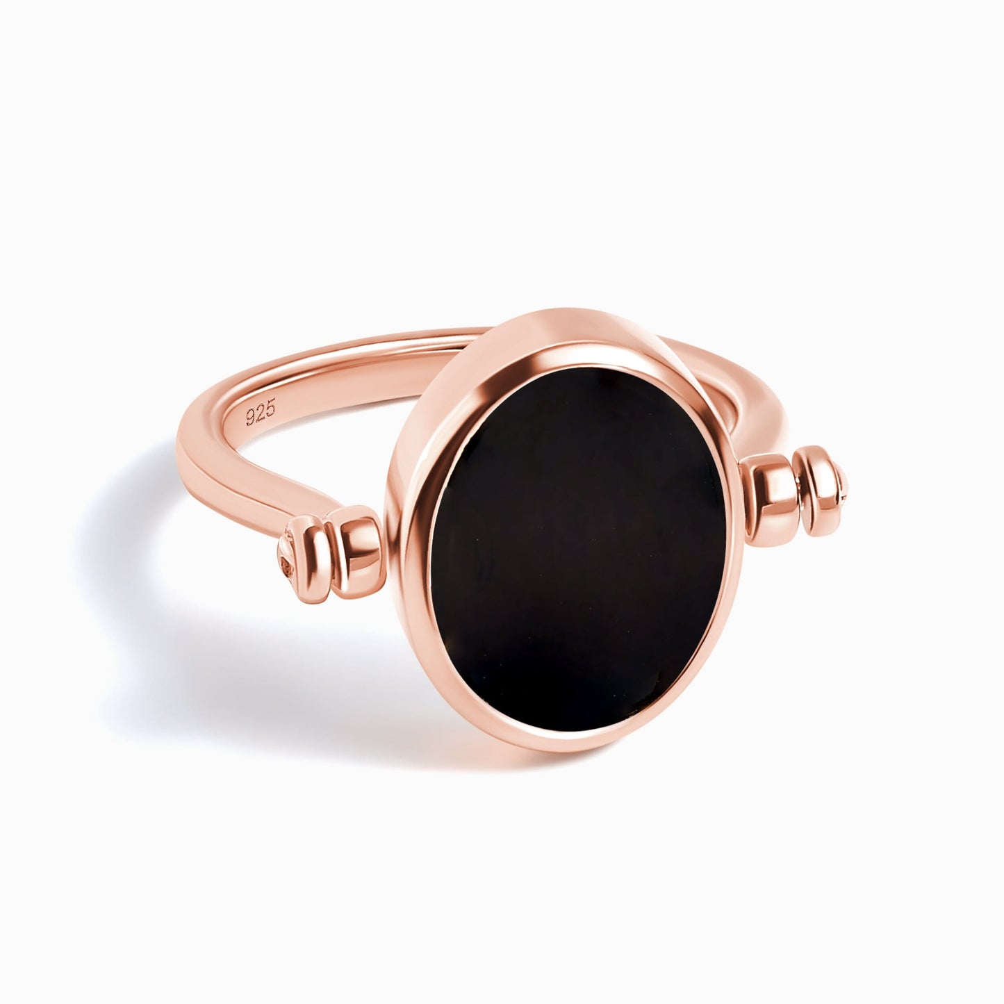 Black Onyx Mother of Pearl Fidget Ring - rose gold black onyx side
