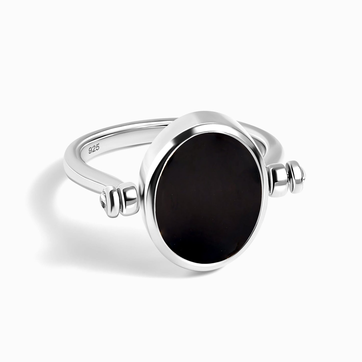 Black Onyx Mother of Pearl Fidget Ring - silver black onyx side