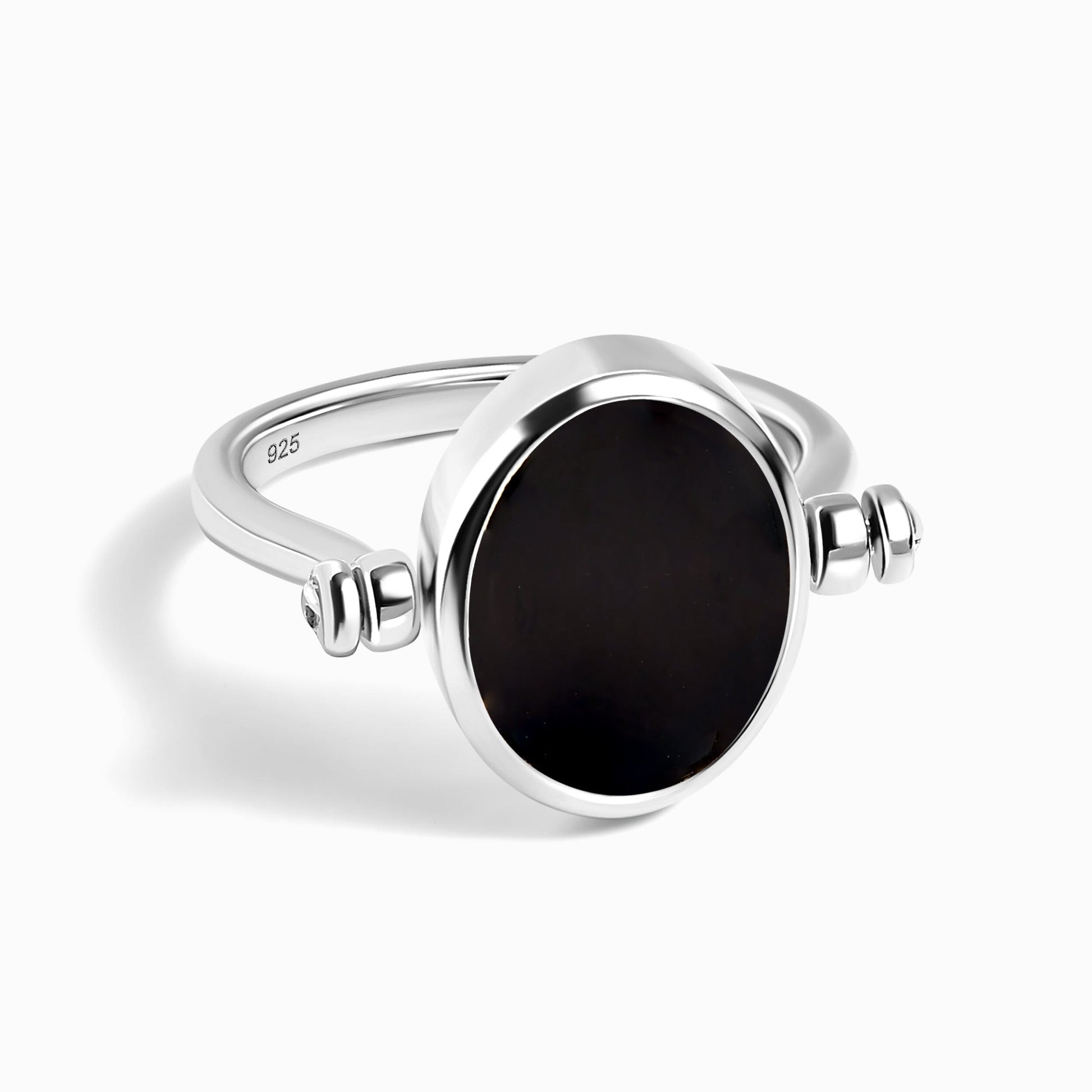 Black Onyx Mother of Pearl Fidget Ring - silver black onyx side