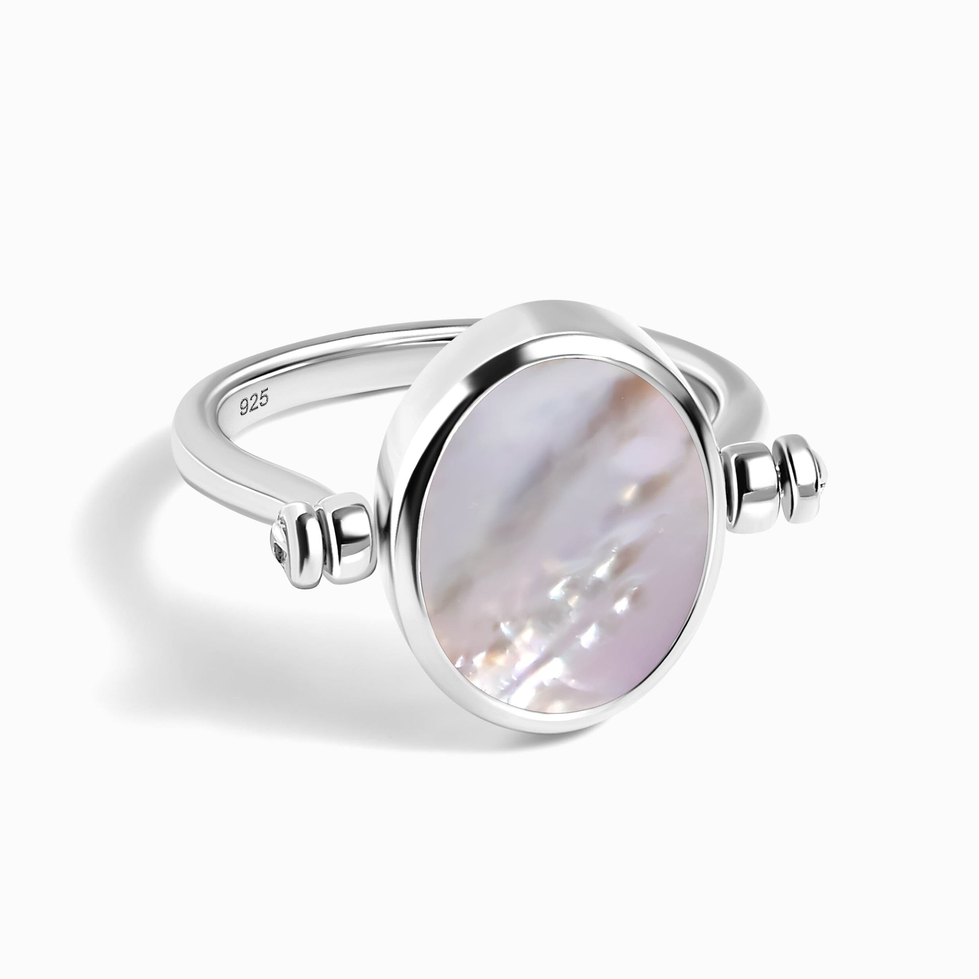 Black Onyx Mother of Pearl Fidget Ring - silver pearl side