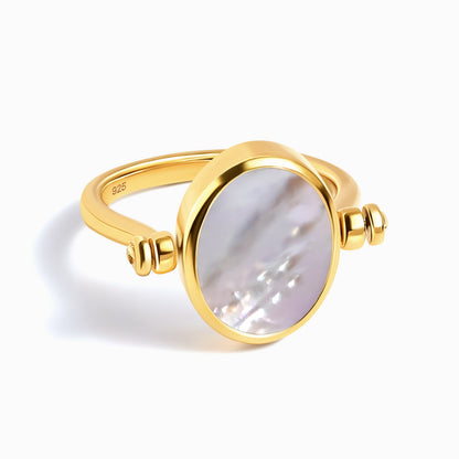 Black Onyx Mother of Pearl Fidget Ring - yellow gold pearl side