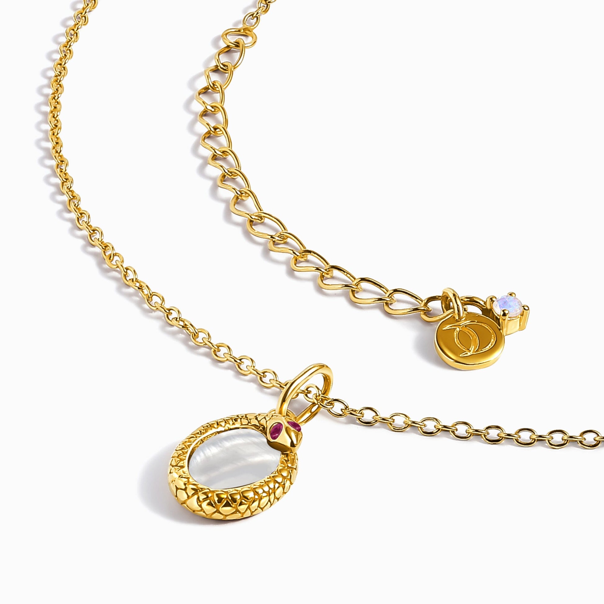 Mother of Pearl Ruby Necklace - Serpent - yellow gold chain detail