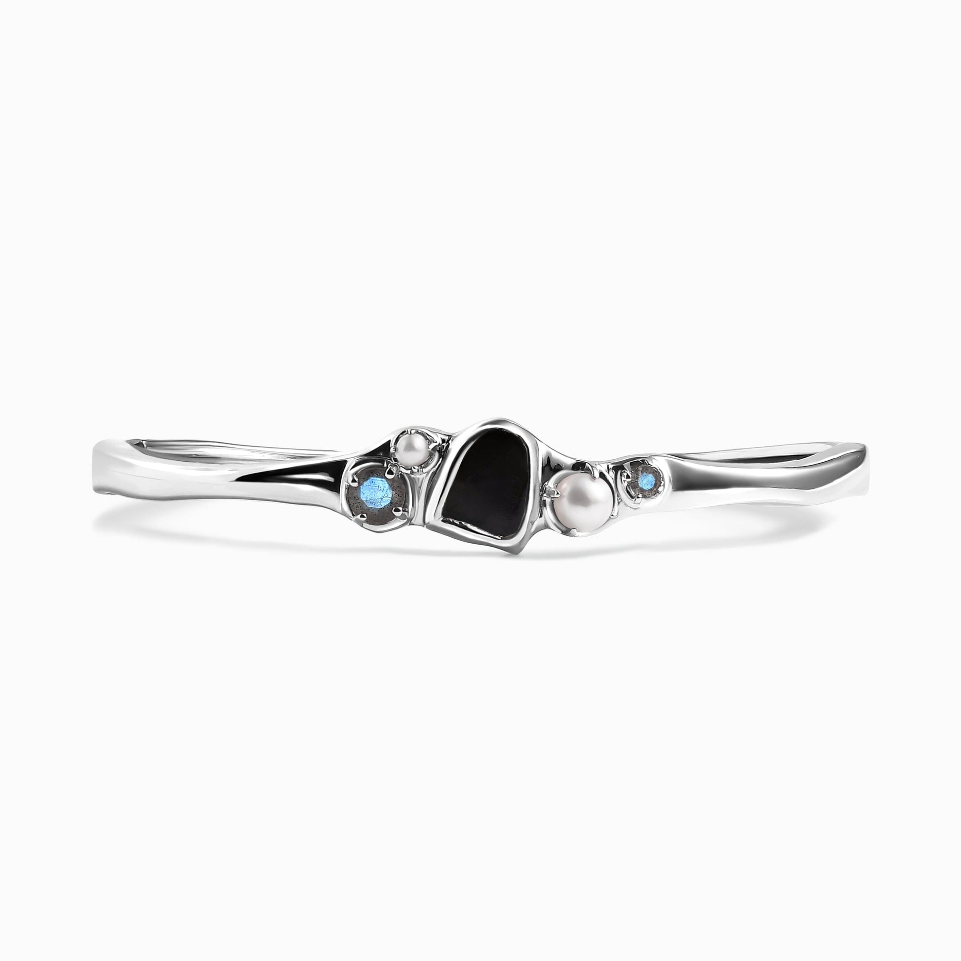 Black Obsidian Pearl Cuff - Heirloom silver worn close