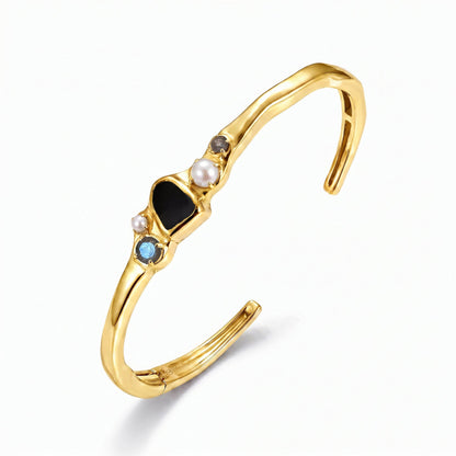 Black Obsidian Pearl Cuff - Heirloom yellow gold