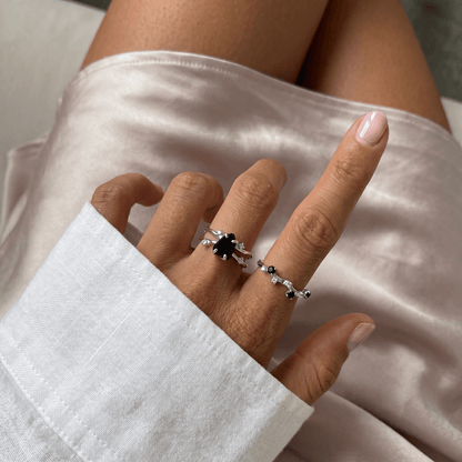 Black Obsidian Flow Stardust Rings - sterling silver on hand