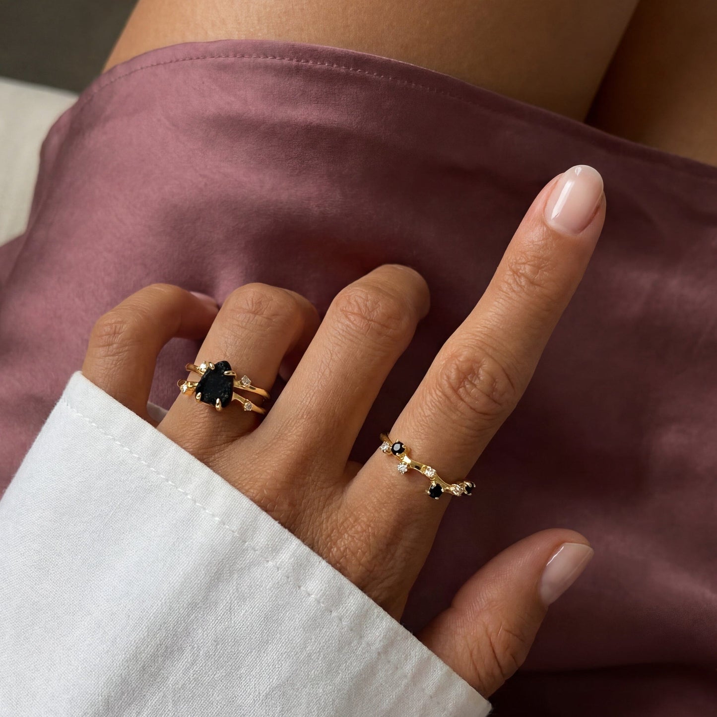 Black Obsidian Flow Stardust Rings - yellow gold vermeil on hand
