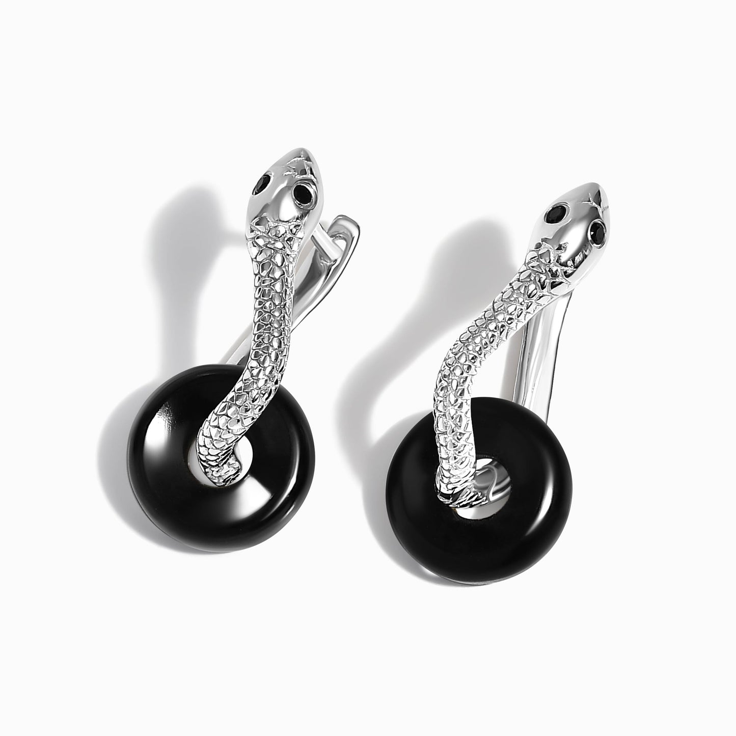 Black Obsidian Earrings - Serpent - white rhodium angle