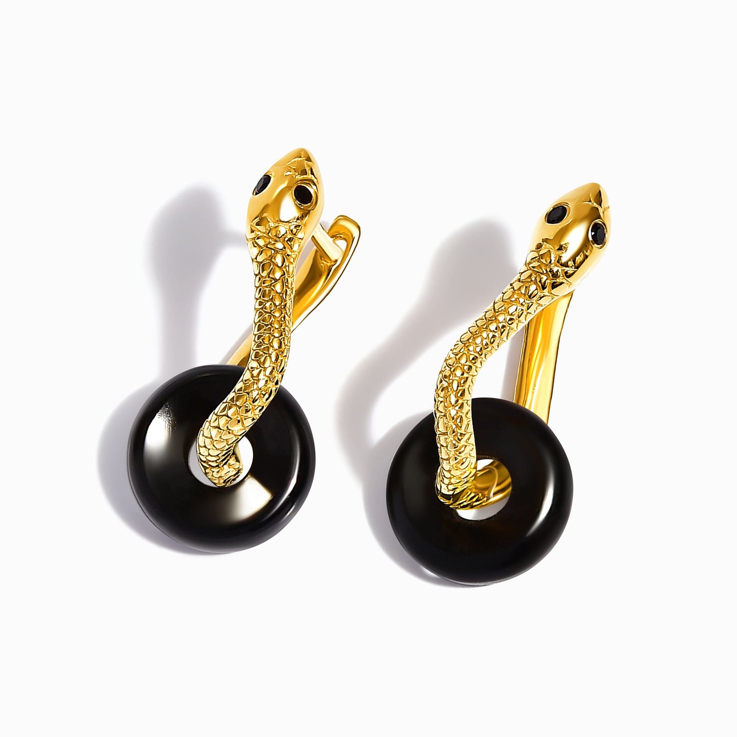 Black Obsidian Earrings - Serpent - yellow gold angle