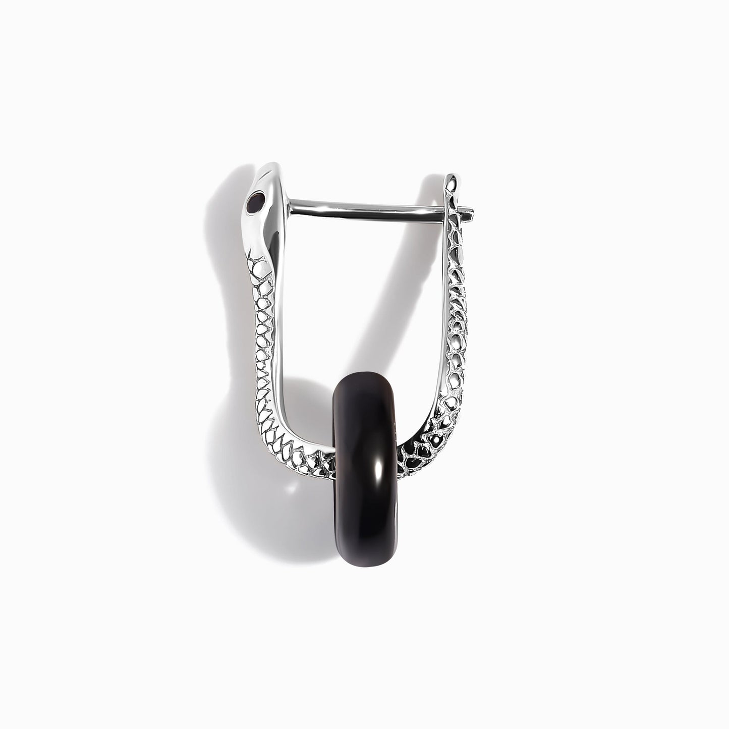 Black Obsidian Earrings - Serpent - white rhodium closeup