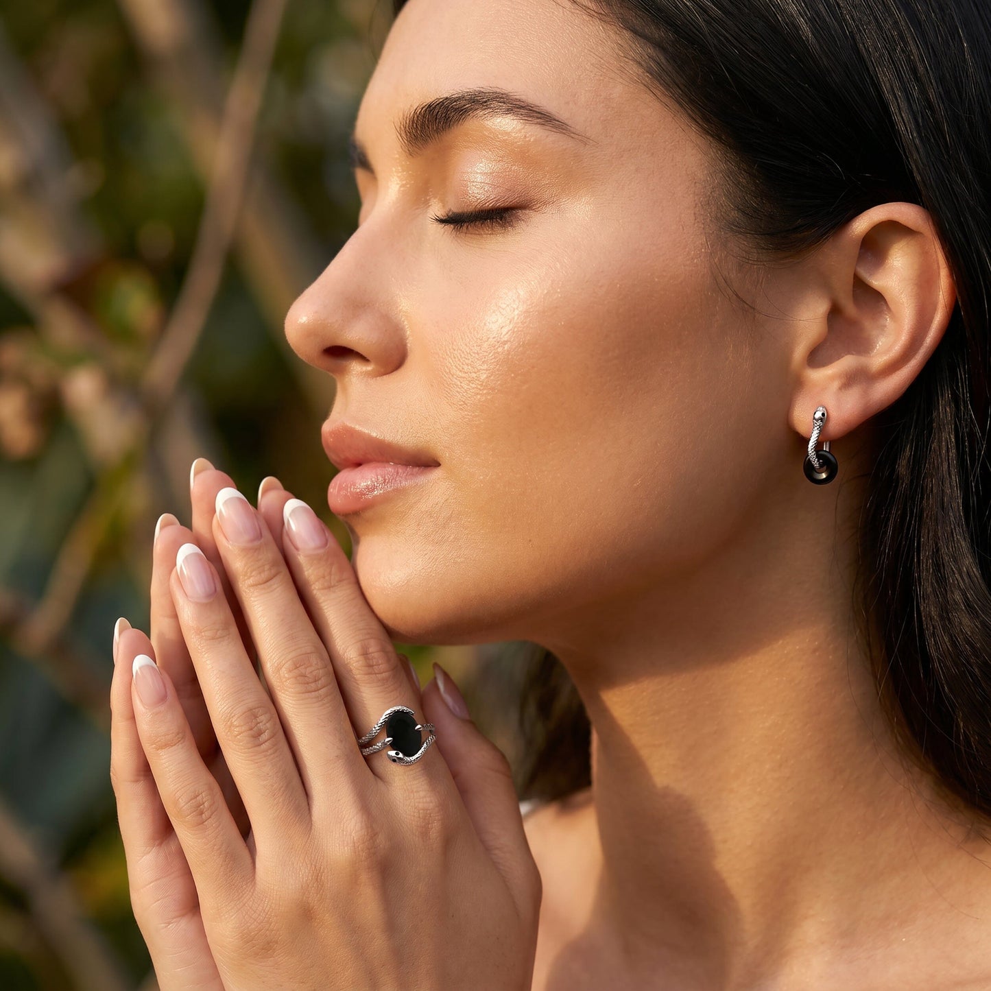 Black Obsidian Earrings - Serpent - worn white rhodium detail