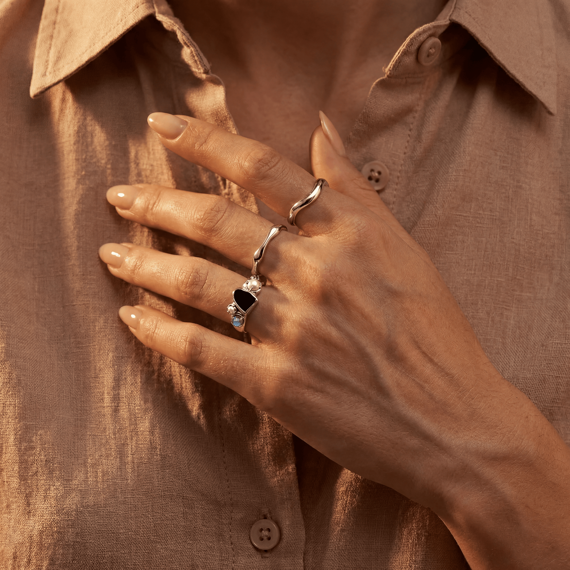 Black Obsidian Heirloom & Magma & Waves Rings - silver product shot
