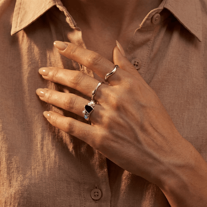 Black Obsidian Heirloom & Magma & Waves Rings - silver product shot